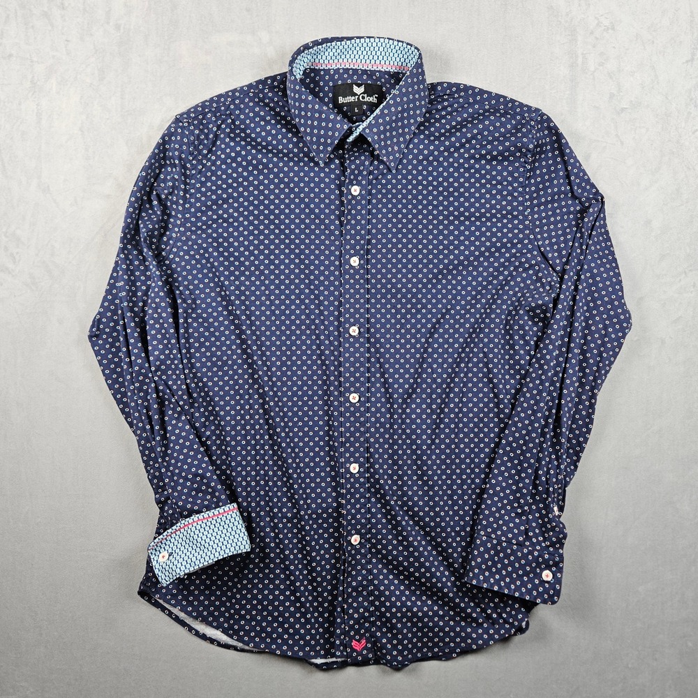 Butter Cloth Shirt Mens Large Blue Geometric Flip Cuff Button Up 100% Cotton